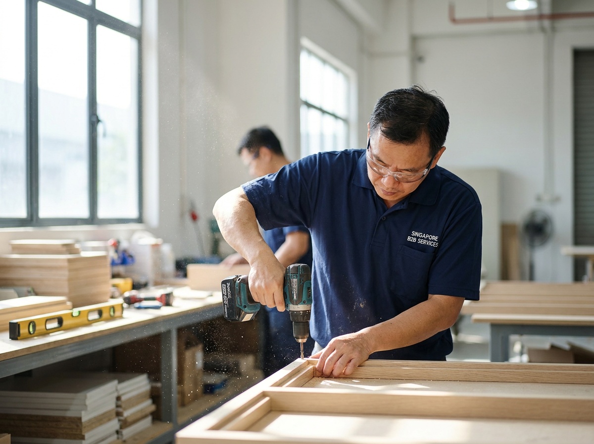 Carpenter assembling a wooden frame with a drill