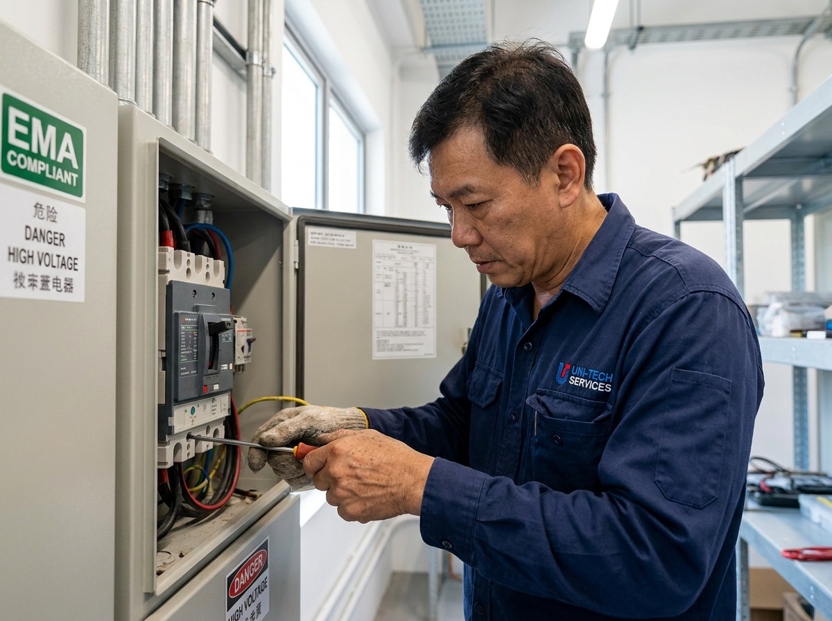 Electrician working on a breaker panel