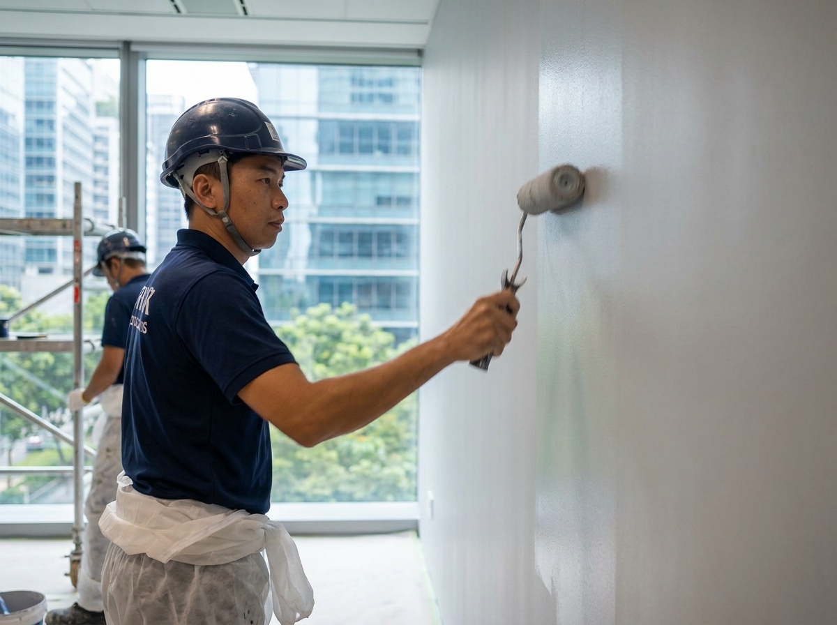 Painter rolling fresh paint on an office wall